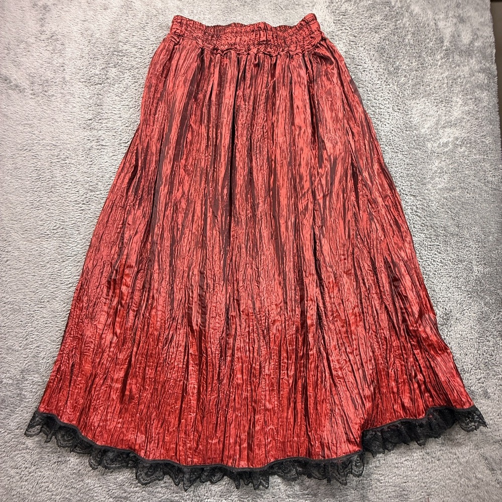 VTG Cykxtees Maxi Skirt S/M Red Black Crinkle Pleat Lace Hem Gothic Renaissance